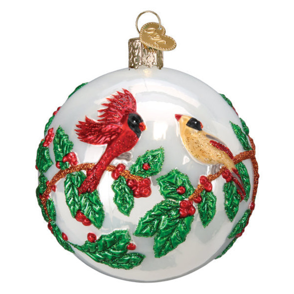 Old World Christmas Blown Glass Ornament for Christmas Tree, Holly Berry Birds Round