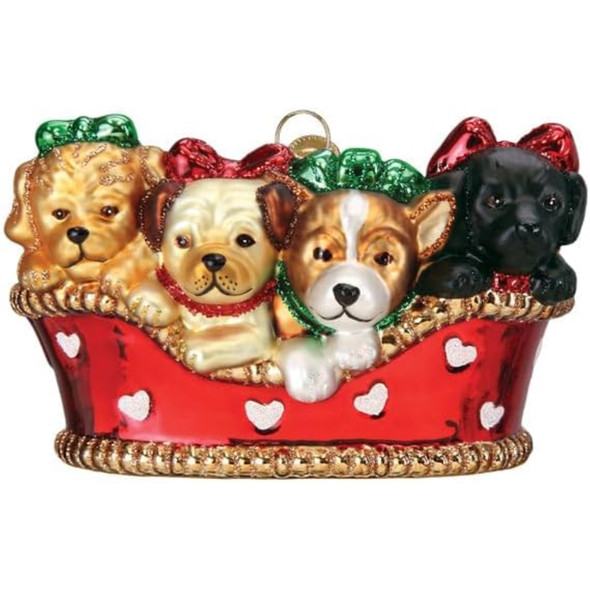 Old World Christmas Blown Glass Ornament for Christmas Tree, Puppies In A Basket
