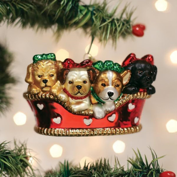 Old World Christmas Blown Glass Ornament for Christmas Tree, Puppies In A Basket