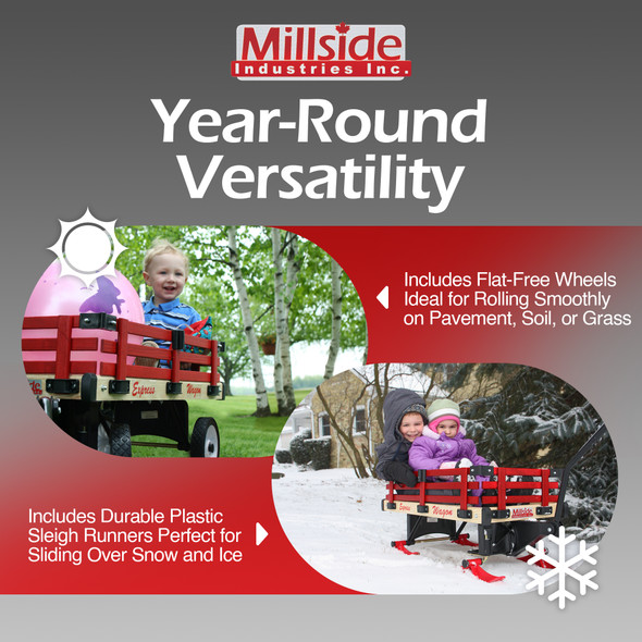 Millside Industries All Season Convertible Wood Wagon Cart with Flat-Free Tires and Sleigh Runners, Red, 16" x 34"