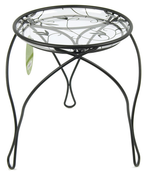 Plastec Elegance Metal Plant Stand with Decorative Plastic Saucer for Indoor or Outdoor Use, Black, 13"