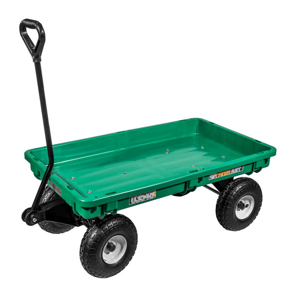 Farm Tuff Durable Plastic Deck Garden Wagon Utility Cart with Pneumatic Tires, Green, 20" x 38"