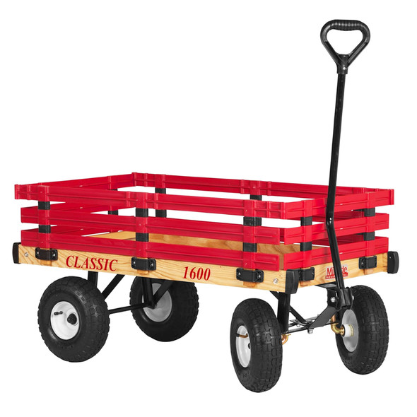 Millside Industries Classic Wood Wagon Cart with Removable Plastic Side Racks and Pneumatic Tires, Red, 20" x 38"