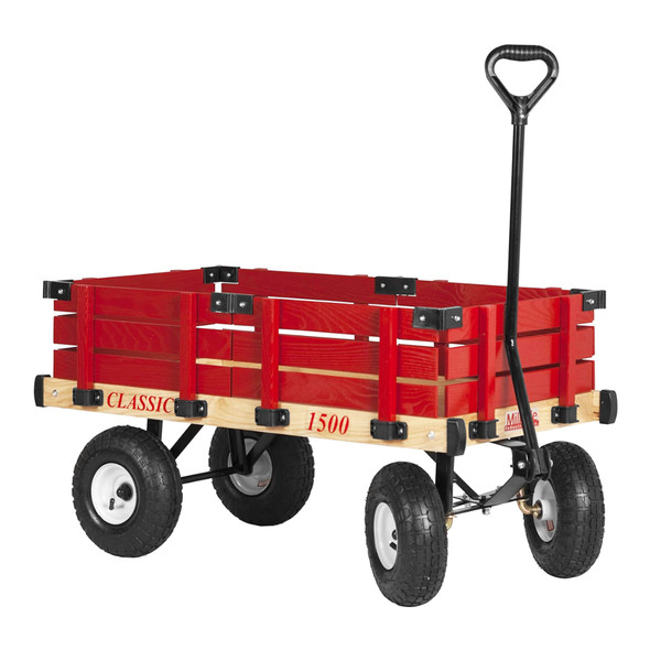 Millside Industries Classic Wood Wagon Cart with Removable Wooden Side Racks and Pneumatic Tires, Red, 20" x 38"