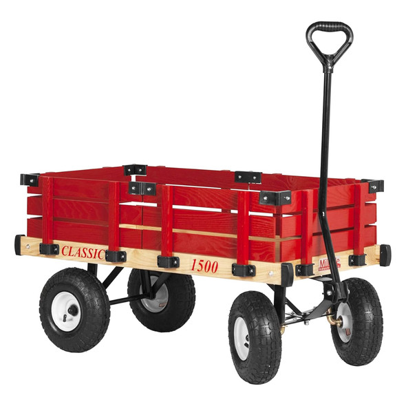 Millside Industries Classic Wood Wagon Cart with Removable Wooden Side Racks and Pneumatic Tires, Red, 20" x 38"