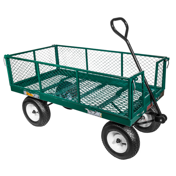 FARM-TUFF Durable Metal Deck Garden Wagon Utility Cart with Pneumatic Tires and Fold Down Side Panels, Green, 24" x 48" FARM-TUFF Durable Metal Deck Garden Wagon Utility Cart with Pneumatic Tires and Fold Down Side Panels, Green, 24" x 48"