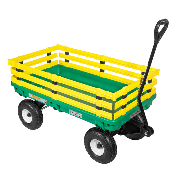 FARM-TUFF Durable Plastic Garden Wagon Utility Cart with Removable Side Racks and Pneumatic Tires, Green and Yellow, 20" x 38" FARM-TUFF Durable Plastic Garden Wagon Utility Cart with Removable Side Racks and Pneumatic Tires, Green and Yellow, 20" x 38"
