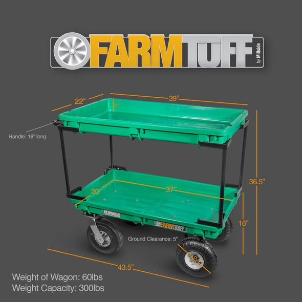 FARM-TUFF Durable Plastic Double Deck Garden Wagon Utility Shop Cart with Pneumatic Tires for Outdoor Hauling, Green, 20" x 38" FARM-TUFF Durable Plastic Double Deck Garden Wagon Utility Shop Cart with Pneumatic Tires for Outdoor Hauling, Green, 20" x 38"