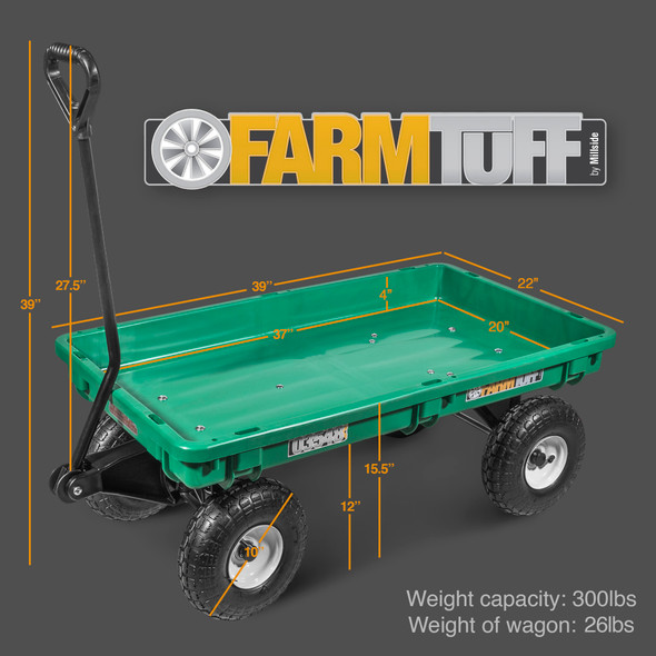 FARM-TUFF Durable Plastic Deck Garden Wagon Utility Cart with Flat-Free Tires, Green, 20" x 38" FARM-TUFF Durable Plastic Deck Garden Wagon Utility Cart with Flat-Free Tires, Green, 20" x 38"