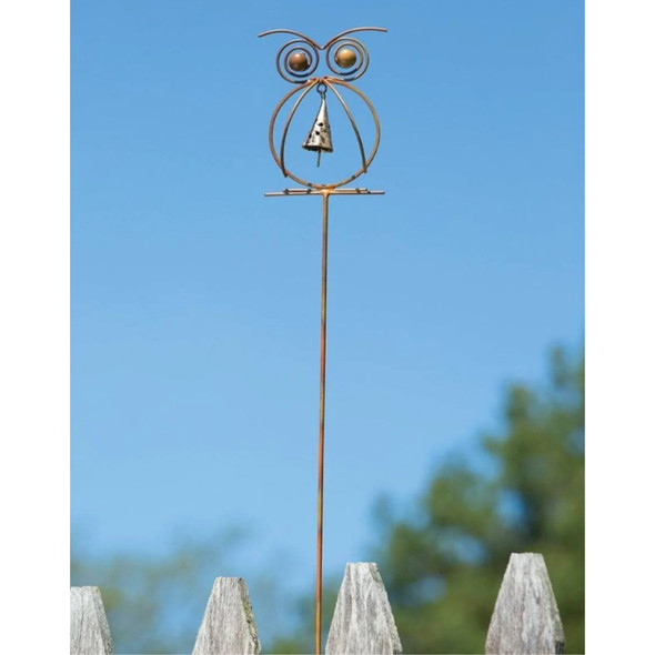 Ancient Graffiti Steel Flamed Metal Finish, Owl with Bell Stake, 27"