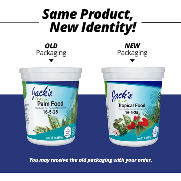 Jack's Classic 16-5-25 Tropical Food Water-Soluble Fertilizer with Micronutrients for Strong Lush Growth, 1.5lbs