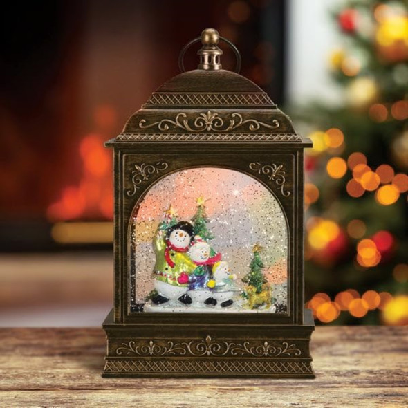 Old World Christmas Tabletop Snow Family Lantern Snow Globe, Multicolored, 11"