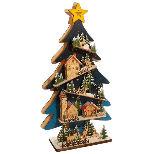 Kurt Adler Battery-Operated LED-Lit Wooden Christmas Tree with Village, 23.5"