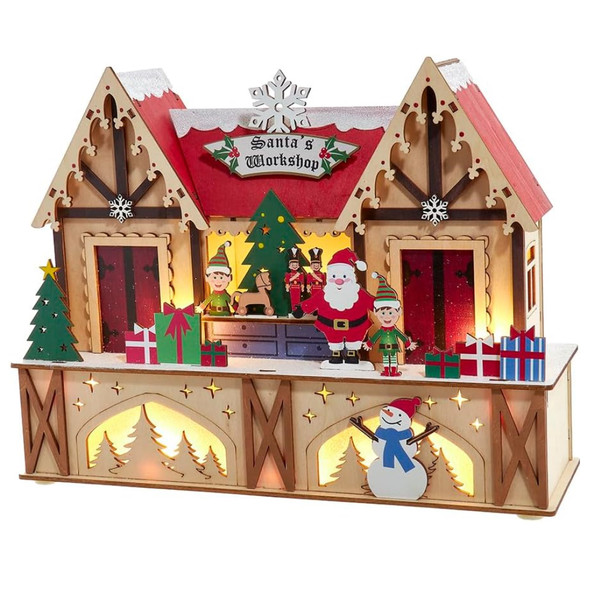Kurt Adler Battery Operated Wooden Pre-Lit LED Santa's Workshop, 10"