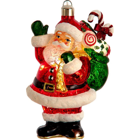 Kurt Adler Hanging Glass Christmas Tree Ornament, USB Warm White LED Santa With Gift Bag