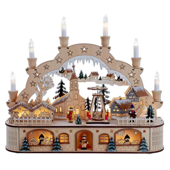 Kurt Adler Wooden LED Light-Up Musical/Motion Santa Christmas Village with Candles
