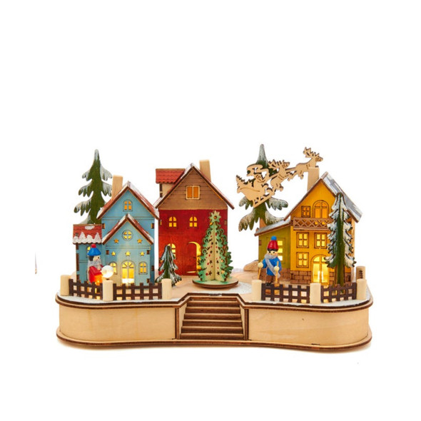 Kurt Adler Light-Up Musical Wooden Village with Moving Parts, 7in