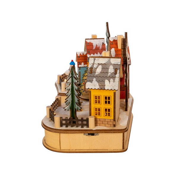 Kurt Adler Light-Up Musical Wooden Village with Moving Parts, 7in