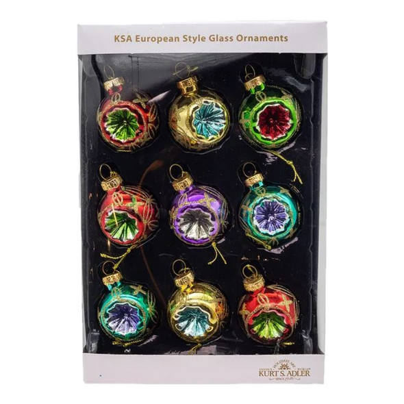 Kurt Adler Mini Glass Ball Ornament, Multicolor, Reflector, 1.7in (Pack of 9)