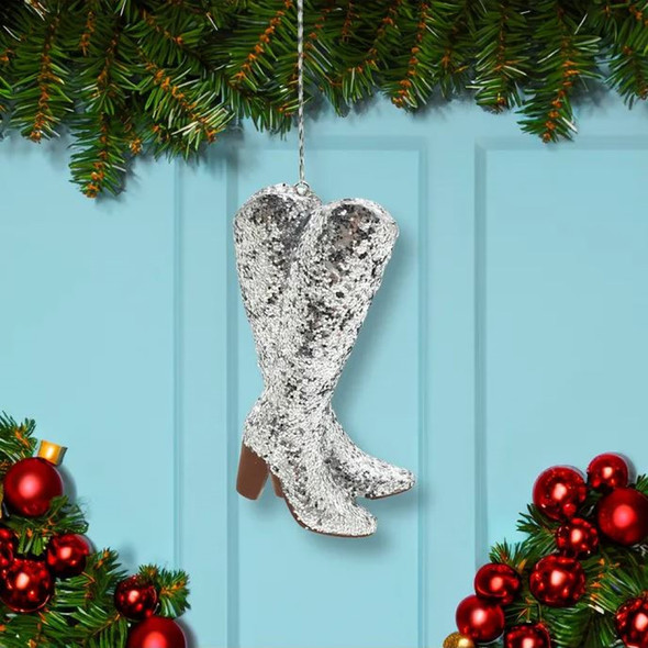 Kurt Adler Hanging Resin Christmas Tree Ornament, Silver Glitter Cowboy Boots, 4"