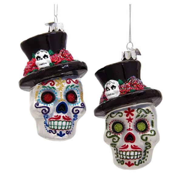 Kurt Adler Noble Gems Glass Ornaments for Christmas Tree, Skeleton Heads, Assorted (Pack of 2)