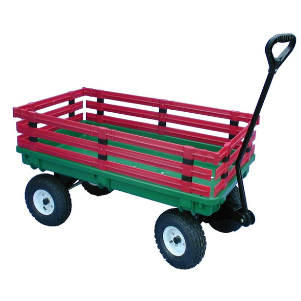 FARM-TUFF Plastic Trekker Wagon with Removable Plastic Side Racks & Pneumatic Tires for Outdoor Hauling, Red and Green, 20" x 38" FARM-TUFF Plastic Trekker Wagon with Removable Plastic Side Racks & Pneumatic Tires for Outdoor Hauling, Red and Green, 20" x 38"