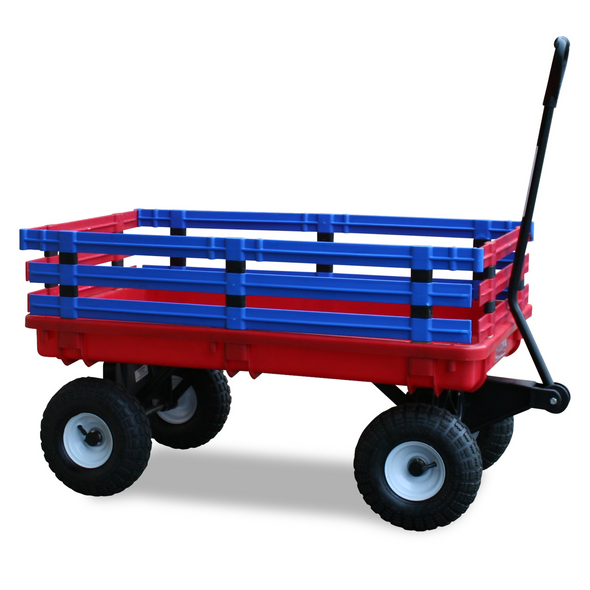 FARM-TUFF Plastic Trekker Wagon with Removable Plastic Side Racks & Pneumatic Tires for Outdoor Hauling, Red and Blue, 20" x 38" FARM-TUFF Plastic Trekker Wagon with Removable Plastic Side Racks & Pneumatic Tires for Outdoor Hauling, Red and Blue, 20" x 38"