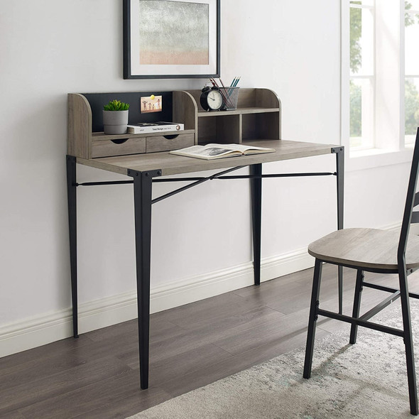 Interior Elements Industrial Secretary Desk with Hutch – Wood Home Office Desk, Grey Wash, 42"