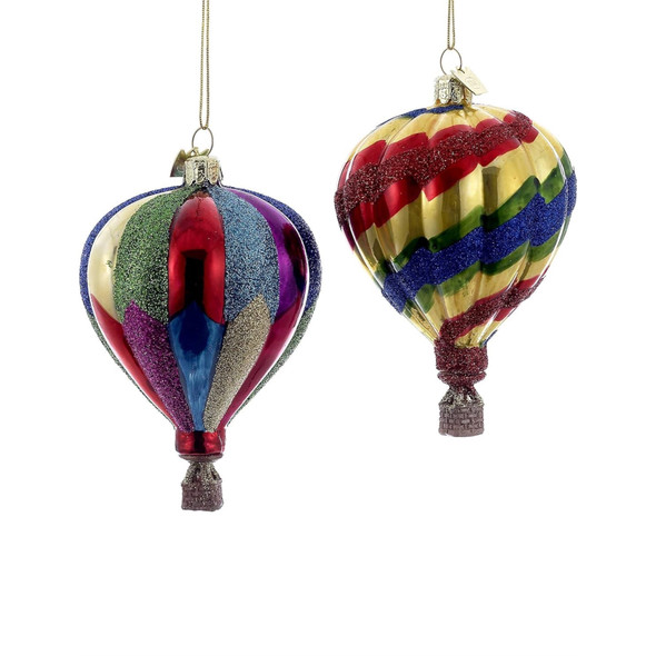 Kurt Adler Noble Gems Glass Ornaments for Christmas Tree, Hot Air Balloons, Assorted (Pack of 2)