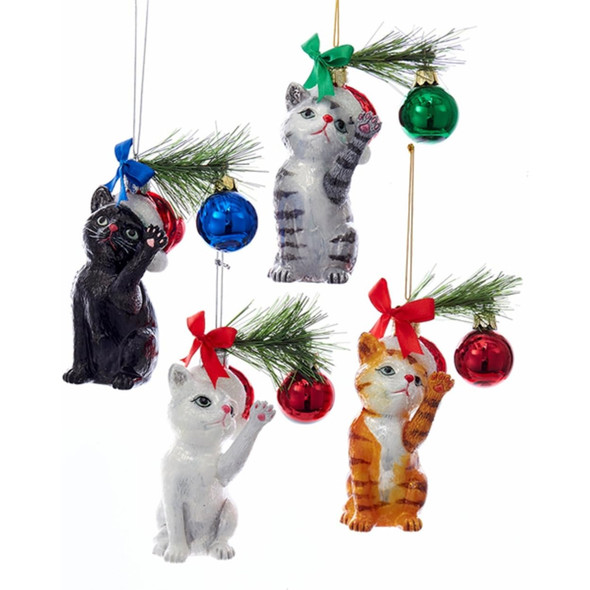 Kurt Adler Noble Gems Glass Ornaments for Christmas Tree, Cats in Santa Hats Playing with Ornaments, Assorted (Pack of 4)
