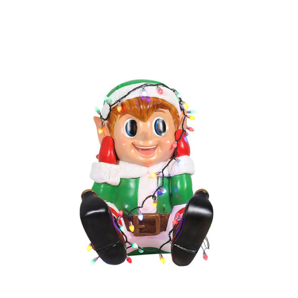 Garden Elements Indoor Fiberglass Christmas Figurine – Elf Boy Playing with Christmas Lights, 24"