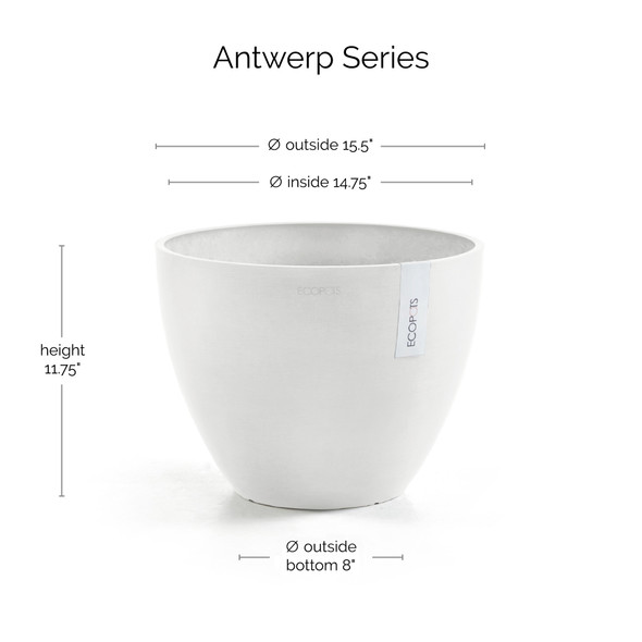 Ecopots Antwerp Indoor/Outdoor Modern Recycled Plastic Planter, Pure White, 16"