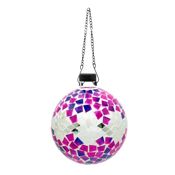 Very Cool Stuff Mosaic Glass Gazing Globe with Hanging Chain, Silver & Pink Floral Tile, 10in Very Cool Stuff Mosaic Glass Gazing Globe with Hanging Chain, Silver & Pink Floral Tile, 10in