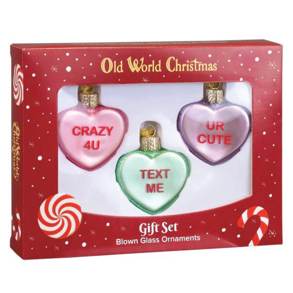 Old World Christmas Blown Glass Ornament for Christmas Tree, Conversation Hearts (Set of 3)