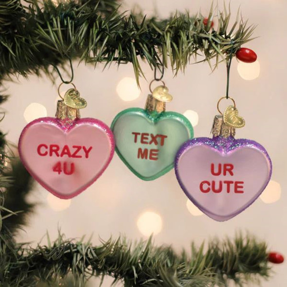 Old World Christmas Blown Glass Ornament for Christmas Tree, Conversation Hearts (Set of 3)