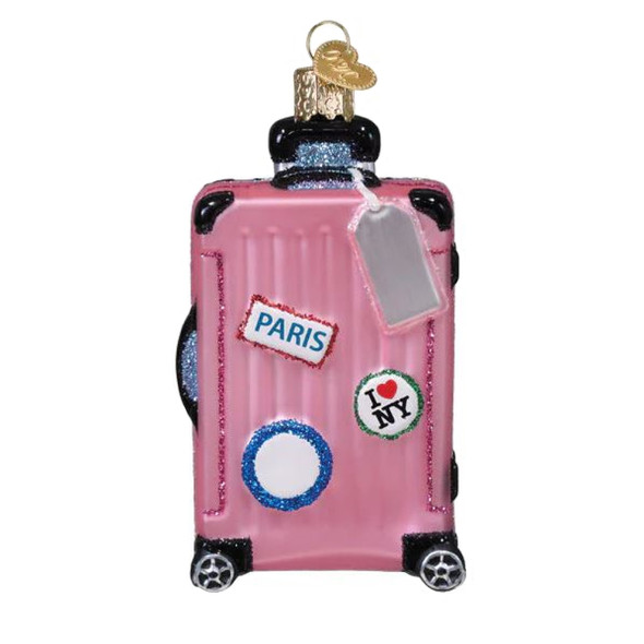 Old World Christmas Blown Glass Ornament for Christmas Tree, Pink Rolling Suitcase