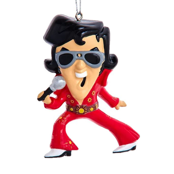 Kurt Adler Plastic Ornament for Christmas Tree, Cartoon Elvis Presley in Red Jumpsuit