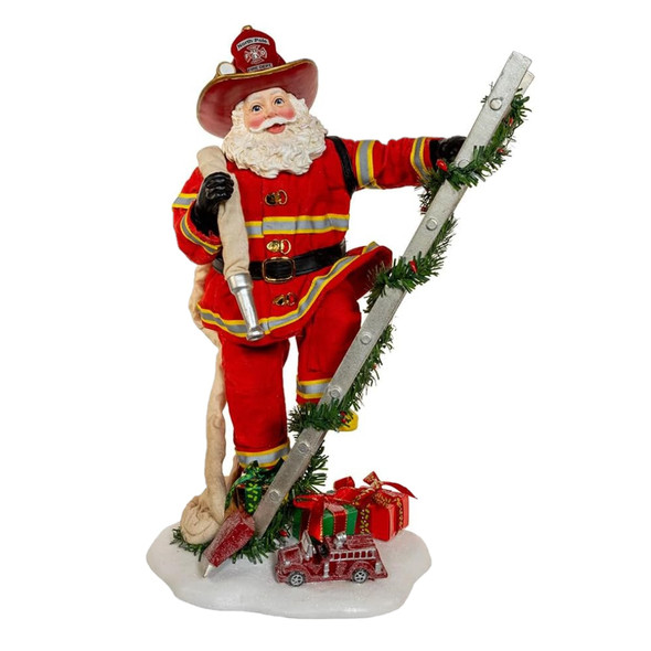 Kurt Adler Fabriche Christmas Figurine, Fireman Santa on Ladder, 11.5in