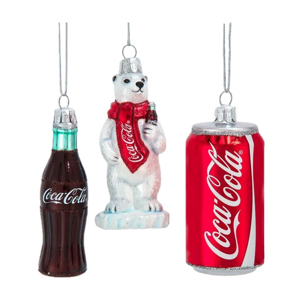 Kurt Adler Glass Ornament for Christmas Tree, Miniature Coca-Cola Icons (Set of 3)