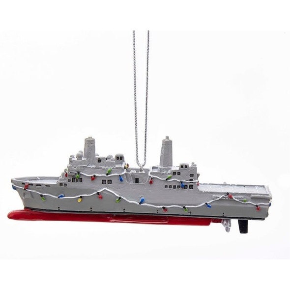 Kurt Adler Resin Ornament for Christmas Tree, Navy Ship with Christmas Lights, 4.5"