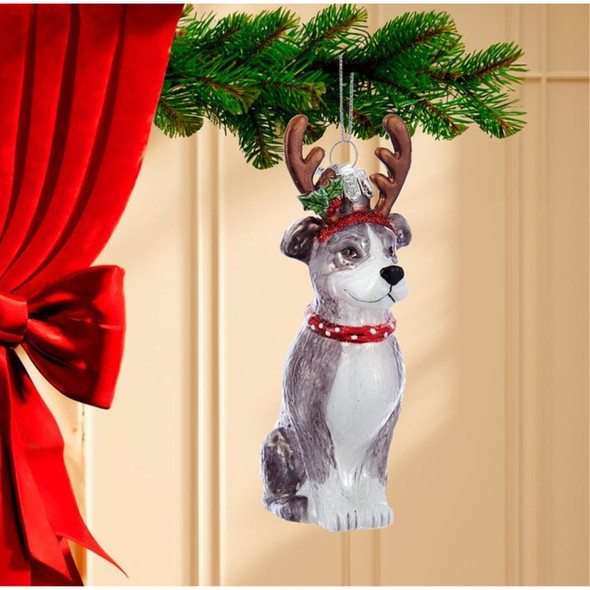 Kurt Adler Noble Gems Glass Ornament for Christmas Tree, Pitbull with Antlers, 4"