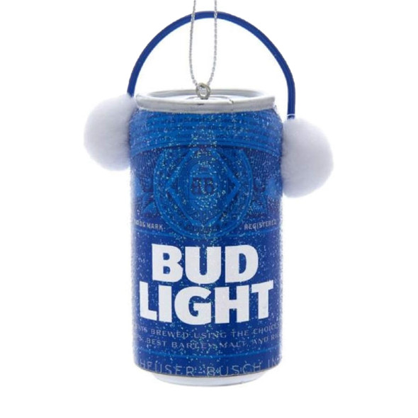 Kurt Adler Plastic Ornament for Christmas Tree, Budweiser Bud Light Can with Ear Muffs