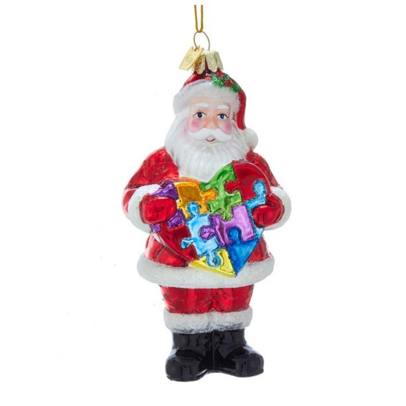 Kurt Adler Noble Gems Glass Ornament for Christmas Tree, Autism Awareness Santa, 5.25"