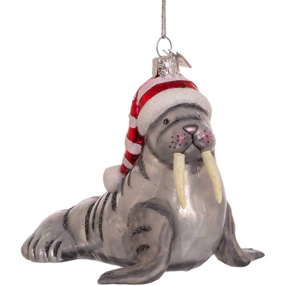 Kurt Adler Noble Gems Glass Ornament for Christmas Tree, Walrus with Hat, 4.5"