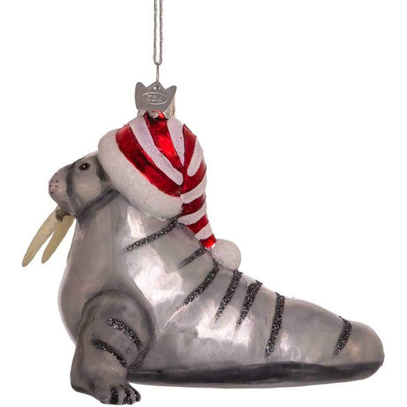 Kurt Adler Noble Gems Glass Ornament for Christmas Tree, Walrus with Hat, 4.5"