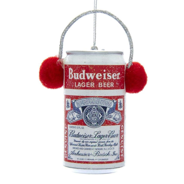 Kurt Adler Plastic Ornament for Christmas Tree, Budweiser Can with Ear Muffs