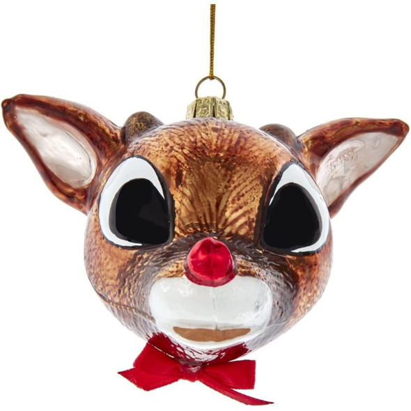 Kurt Adler Glass Ornament for Christmas Tree, Rudolph The Red Nose Reindeer Rudolph Head, 3.75"