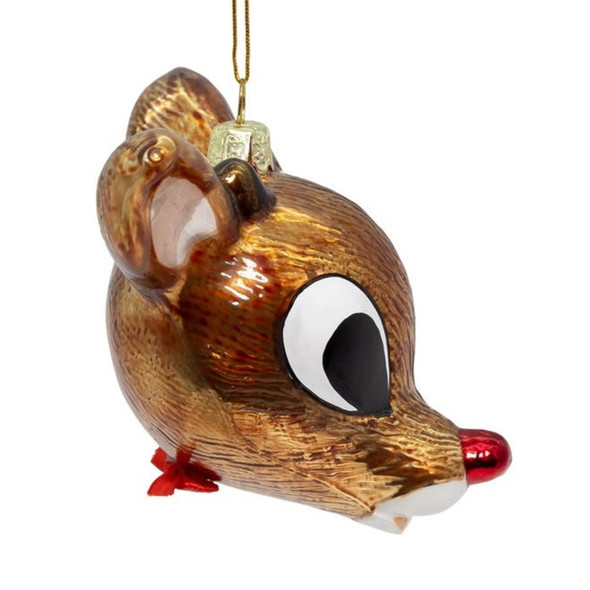 Kurt Adler Glass Ornament for Christmas Tree, Rudolph The Red Nose Reindeer Rudolph Head, 3.75"