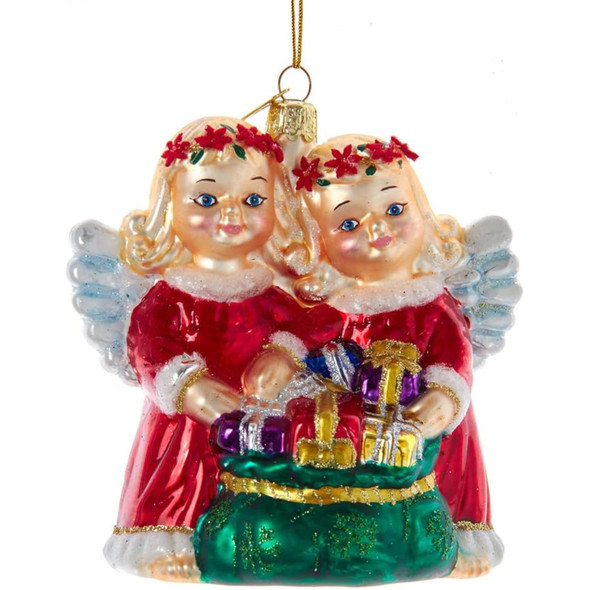 Kurt Adler Noble Gems Glass Ornament for Christmas Tree, Angels with Bag of Gifts, 4"