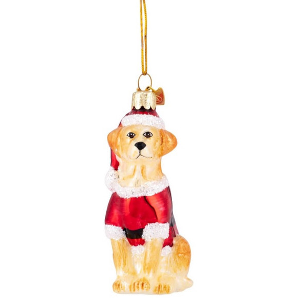 Kurt Adler Noble Gems Glass Ornament for Christmas Tree, Yellow Labrador Retriever in Santa Suit, 3.5"